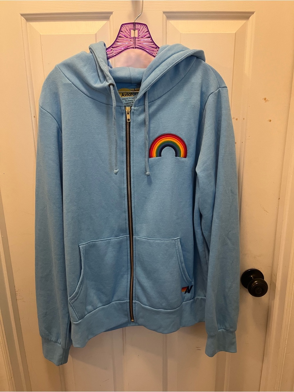 🌈 NWT Aviator Nation Rainbow Embroidery Zip Hoodie in Sky Blue - Sz Large